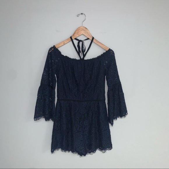 Freda Marie Lace Romper Off-The-Shoulder Navy Black Bell Sleeves Size  Medium‎ - Picture 4 of 11